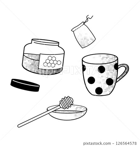 Honey jar, reusable tea bag, mug, honey dipper, black and white line art for eco-friendly living Honey jar, reusable tea bag, mug, honey dipper, black and white line art for eco-friendly living 126564578