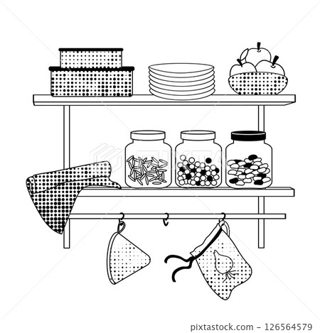 Self with reusable kitchen storage- glass jars, cloth bags, plates, towels and fruits basket. black and white line art for eco-friendly living 126564579