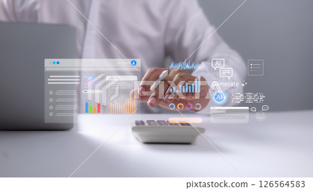Businessman using AI-powered data analytics tools with digital graphs and interface icons, representing smart financial management, innovation, and digital transformation. 126564583