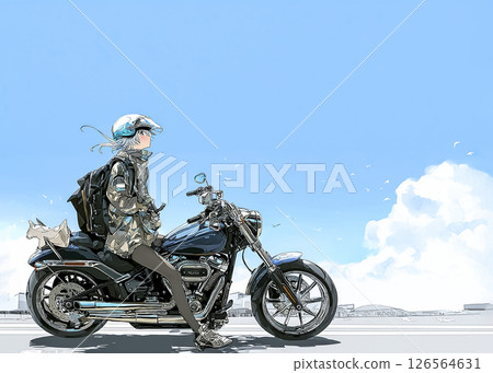 Illustration material of a woman riding a large cruiser bike to see the sea Illustration material of a woman riding a large cruiser bike to see the sea 126564631