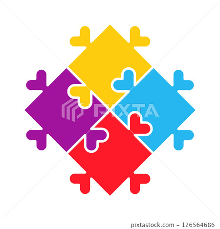 Autism Awareness Puzzle Symbol Vector Illustration. Four brightly colored interlocking puzzle pieces arranged in a diamond shape, representing autism awareness. 126564686