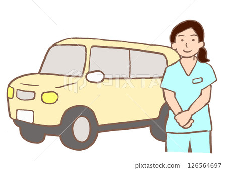 精神病出診護理站的汽車和護士插圖 精神病出診護理站的汽車和護士插圖 126564697