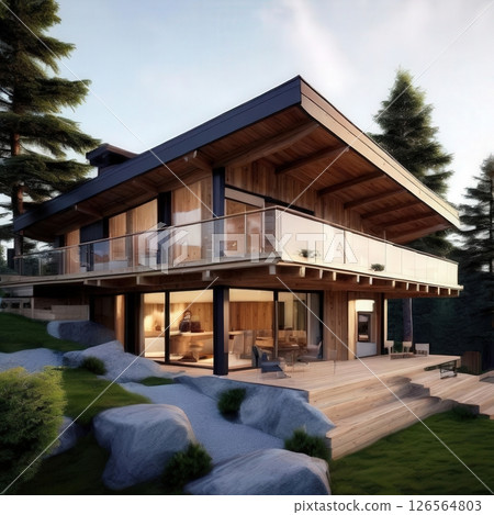the AI Image Generator, Modern Wooden House in Forest Setting the AI Image Generator, Modern Wooden House in Forest Setting 126564803