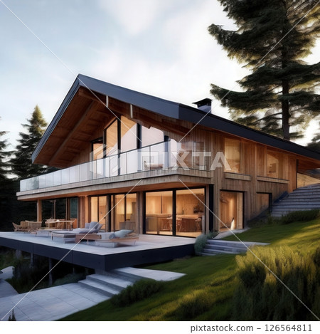 the AI Image Generator, Modern Wooden House in Forest Setting 126564811
