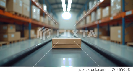 images of a cardboard box moving on a conveyor belt in a large, modern warehouse facility. images of a cardboard box moving on a conveyor belt in a large, modern warehouse facility. 126565008