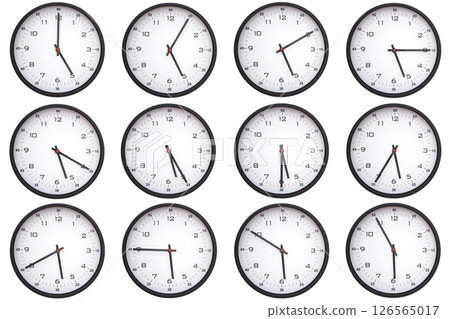 A collage of 12 analog wall clocks, each displaying a different from 05:00 to 05:55 or 17:00 to 17:55. Perfect for time management themes 126565017