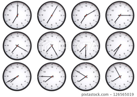 A collage of 12 analog wall clocks, each displaying a different from 07:00 to 07:55 or 19:00 to 19:55. Perfect for time management themes 126565019