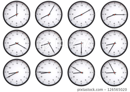 A collage of 12 analog wall clocks, each displaying a different from 08:00 to 08:55 or 20:00 to 20:55. Perfect for time management themes A collage of 12 analog wall clocks, each displaying a different from 08:00 to 08:55 or 20:00 to 20:55. Perfect for time management themes 126565020