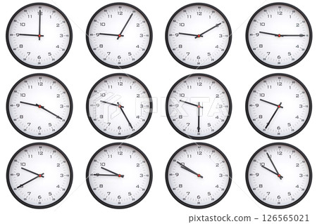 A collage of 12 analog wall clocks, each displaying a different from 09:00 to 09:55 or 21:00 to 21:55. Perfect for time management themes 126565021