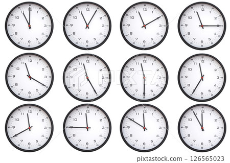 A collage of 12 analog wall clocks, each displaying a different from 11:00 to 11:55 or 23:00 to 23:55. Perfect for time management themes 126565023