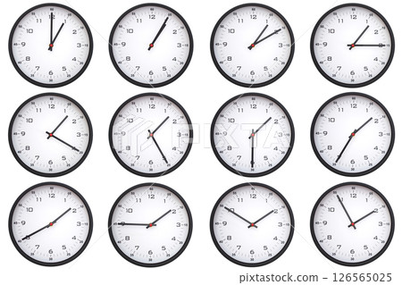 A collage of 12 analog wall clocks, each displaying a different from 01:00 to 01:55 or 13:00 to 13:55. Perfect for time management themes 126565025