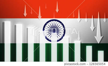 Flag with a declining bar chart and down arrows. 126565054