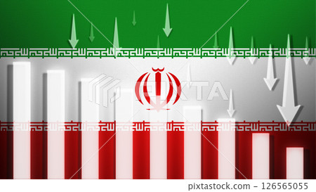 Flag with a declining bar chart and down arrows. Flag with a declining bar chart and down arrows. 126565055