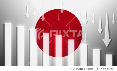 Flag with a declining bar chart and down arrows. 126565060