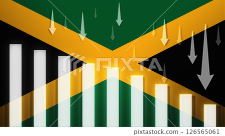 Flag with a declining bar chart and down arrows. 126565061