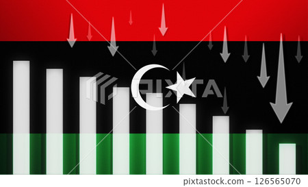 Flag with a declining bar chart and down arrows. Flag with a declining bar chart and down arrows. 126565070