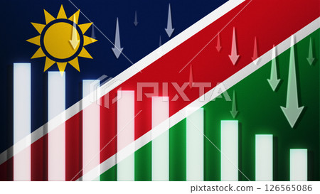 Flag with a declining bar chart and down arrows. 126565086