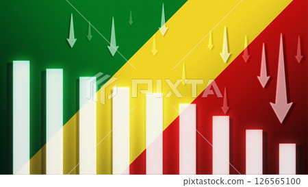 Flag with a declining bar chart and down arrows. 126565100