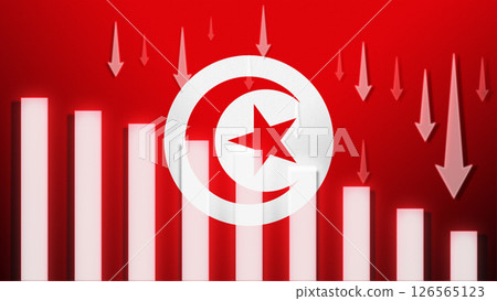 Flag with a declining bar chart and down arrows. 126565123