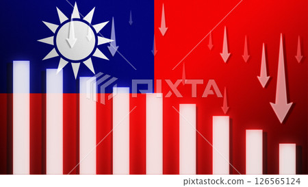 Flag with a declining bar chart and down arrows. 126565124