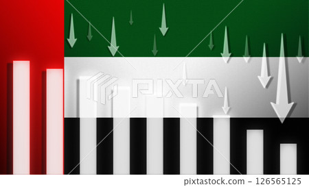 Flag with a declining bar chart and down arrows. 126565125