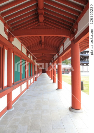 藥師寺的紅色柱子和白色牆壁的日式通道背景素材 126565229