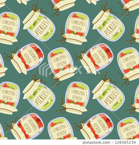 Seamless pattern of marinated vegetable in glass jars with label in cartoon style. Perfect for kitchen wallpaper, food package, farm store design and autumn theme. Seamless pattern of marinated vegetable in glass jars with label in cartoon style. Perfect for kitchen wallpaper, food package, farm store design and autumn theme. 126565239