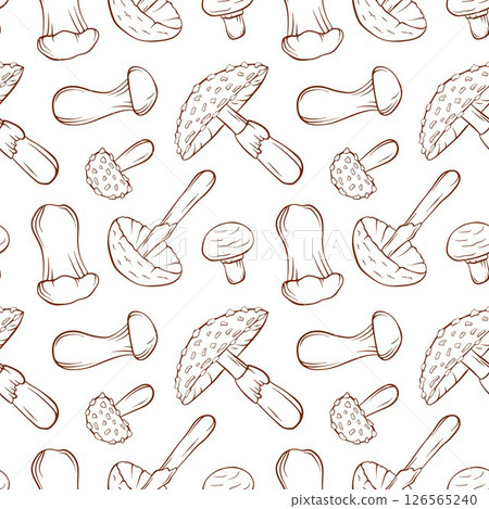 Seamless pattern with mushroom in line art style on white background. Trumpet, Fly Agaric, Destroying Angel, Champignon. Perfect for food design, natural packaging, fabric or kitchen decor. 126565240