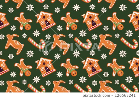 Seamless Christmas gingerbread cookie pattern with man, candy cane, reindeer, house and snowflake on green background. Cartoon style illustration for holiday packaging, winter decor and festive Seamless Christmas gingerbread cookie pattern with man, candy cane, reindeer, house and snowflake on green background. Cartoon style illustration for holiday packaging, winter decor and festive 126565241
