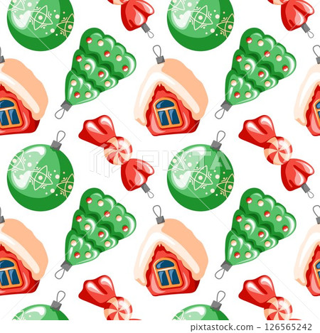Seamless Christmas pattern with tree decoration toys in cartoon style. House, tree, candy, ball. Great for Christmas textile, banner, wrapping paper and wallpaper. 126565242