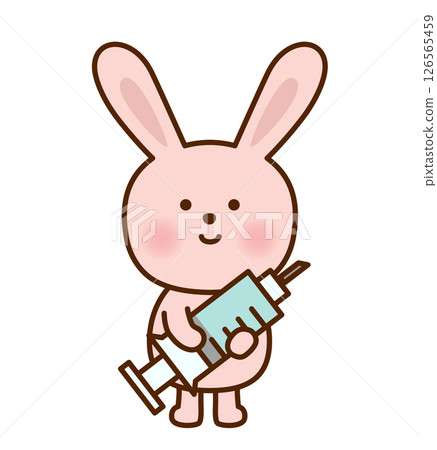 Illustration of a cute pink rabbit holding a syringe Illustration of a cute pink rabbit holding a syringe 126565459