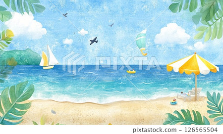 熱帶海洋、海灘、遮陽傘、棕櫚樹和沙灘 熱帶海洋、海灘、遮陽傘、棕櫚樹和沙灘 126565504