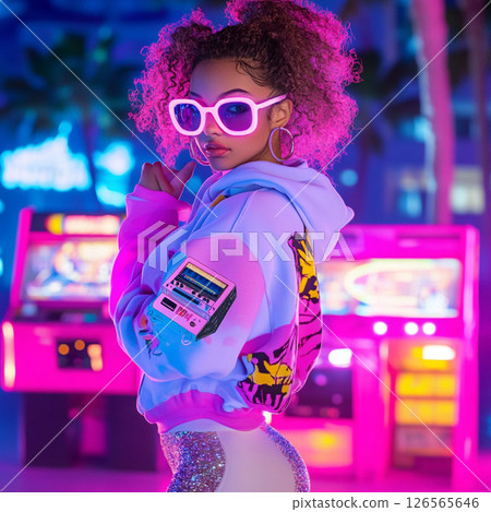 Trendy Retro 80s Fashion Girl at Neon Arcade Nightclub 126565646