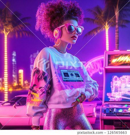Trendy Retro 80s Fashion Girl at Neon Arcade Nightclub 126565663
