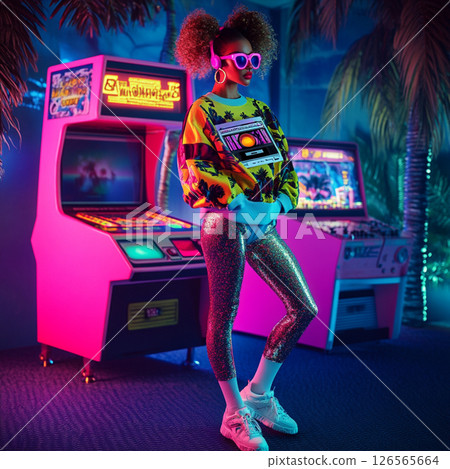 Trendy Retro 80s Fashion Girl at Neon Arcade Nightclub 126565664