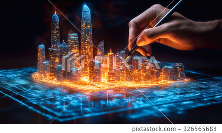 An architect brings architectural designs to life with 3D holographic construction models. The concept of innovation in architecture and futuristic design. Generative Ai. 126565683