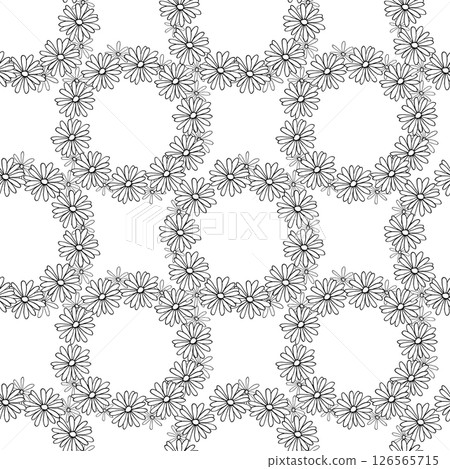 A bunch of daisy flowers arranged in a neat, circular pattern. Each flower is drawn with delicate thin lines, giving them a simple and minimalist vibe. Seamless pattern background for textile design A bunch of daisy flowers arranged in a neat, circular pattern. Each flower is drawn with delicate thin lines, giving them a simple and minimalist vibe. Seamless pattern background for textile design 126565715
