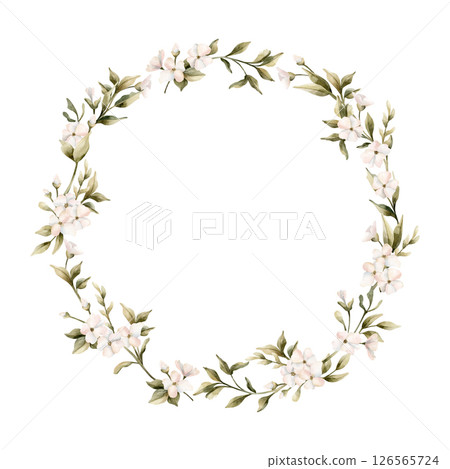 White small flowers with leaves wreath. Jasmine, orange, apple blossom. Watercolor hand painted cute floral isolated illustration for wedding design, home textile, porcelain crockery, cosmetic package White small flowers with leaves wreath. Jasmine, orange, apple blossom. Watercolor hand painted cute floral isolated illustration for wedding design, home textile, porcelain crockery, cosmetic package 126565724