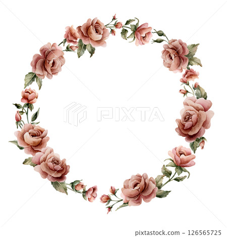 Rose flower wreath. Dusty pink garden flowers round arrangement. Watercolor hand painted floral isolated illustration for wedding design, home textile, porcelain crockery, cosmetic package, labels Rose flower wreath. Dusty pink garden flowers round arrangement. Watercolor hand painted floral isolated illustration for wedding design, home textile, porcelain crockery, cosmetic package, labels 126565725