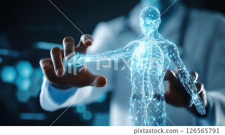A doctor carefully examines a virtual x-ray projection with focused attention. The integration of advanced technology in medical diagnostics. Generative AI. A doctor carefully examines a virtual x-ray projection with focused attention. The integration of advanced technology in medical diagnostics. Generative AI. 126565791