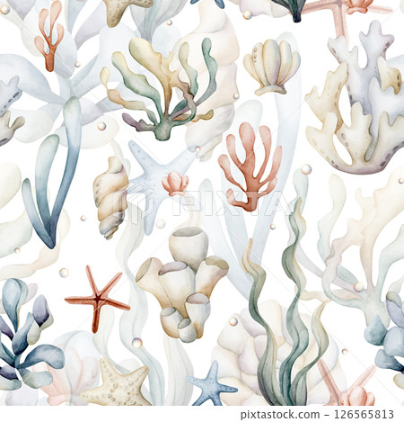 Sea plants. Seaweeds coral shells. Watercolor hand painted summer seamless pattern on white background. Cute pastel neutral underwater ocean marine life for kids baby nursery textile fabric, wrapping 126565813