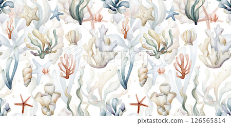 Sea plants. Seaweeds coral shells. Watercolor hand painted summer seamless pattern on white background. Cute pastel neutral underwater ocean marine life for kids baby nursery textile fabric, wrapping 126565814