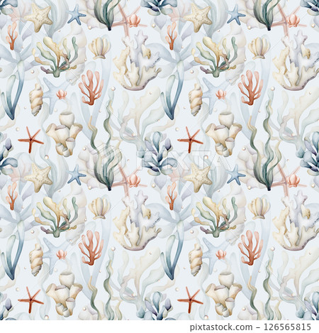 Sea plants. Seaweeds coral shells. Watercolor hand painted summer seamless pattern on blue background. Cute pastel neutral underwater ocean marine life for kids baby nursery textile fabric, wrapping 126565815