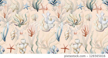 Sea plants. Seaweeds coral sponge. Watercolor hand painted summer seamless pattern on peach pink background. Cute pastel neutral underwater ocean marine life for kids baby nursery textile fabric Sea plants. Seaweeds coral sponge. Watercolor hand painted summer seamless pattern on peach pink background. Cute pastel neutral underwater ocean marine life for kids baby nursery textile fabric 126565816