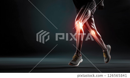 A knee bone is depicted with a bright red area indicating pain. Physical pain and injury in the knee. Generative AI. A knee bone is depicted with a bright red area indicating pain. Physical pain and injury in the knee. Generative AI. 126565841