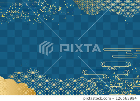 靛藍和金色的格子圖案的奢華日式圖案背景 126565984