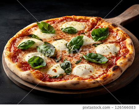 Delicious classic Margherita pizza topped with mozzarella and fresh basil 126566083
