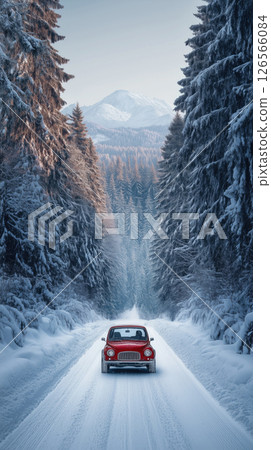Red car drives through snowy forest road with mountains in the background during winter 126566084