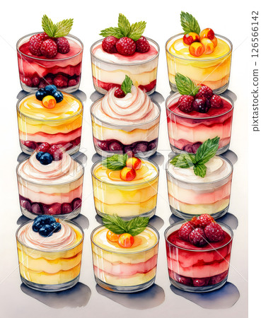 Individual servings of layered fruit trifles, in various colors, are topped with berries and mint, presented in a delightful watercolor style 126566142