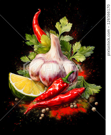 Vibrant painting of chili peppers, garlic, lime, and cilantro with spice splatters on a dark background, showcasing culinary ingredients 126566170